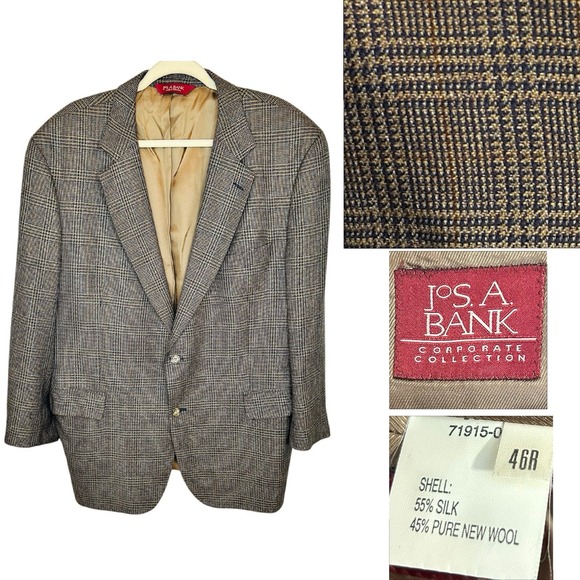 Jos A Bank Sport Coat Blazer Mens 46R Silk Wool Tweed Glen Plaid Brown Tan Navy - Picture 1 of 10